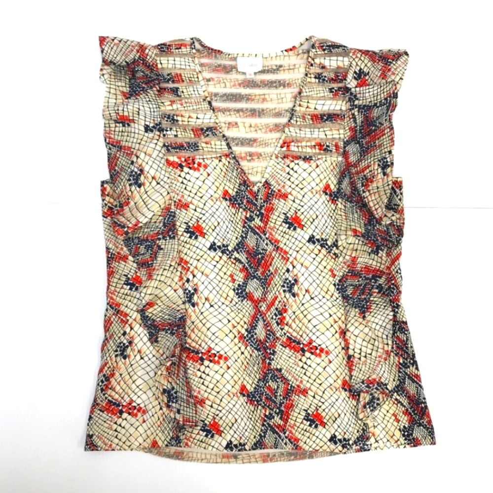 Parker V Neck Ruffle Front Mesh Stripe Back Blouse